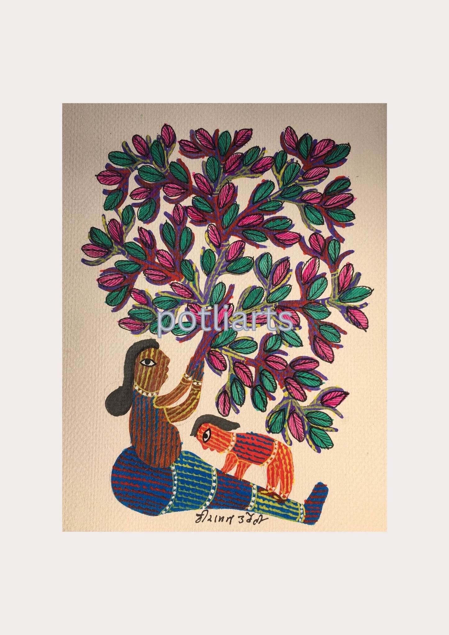 Gond Art, Mother, Child and Tree of Life, 7"/9"