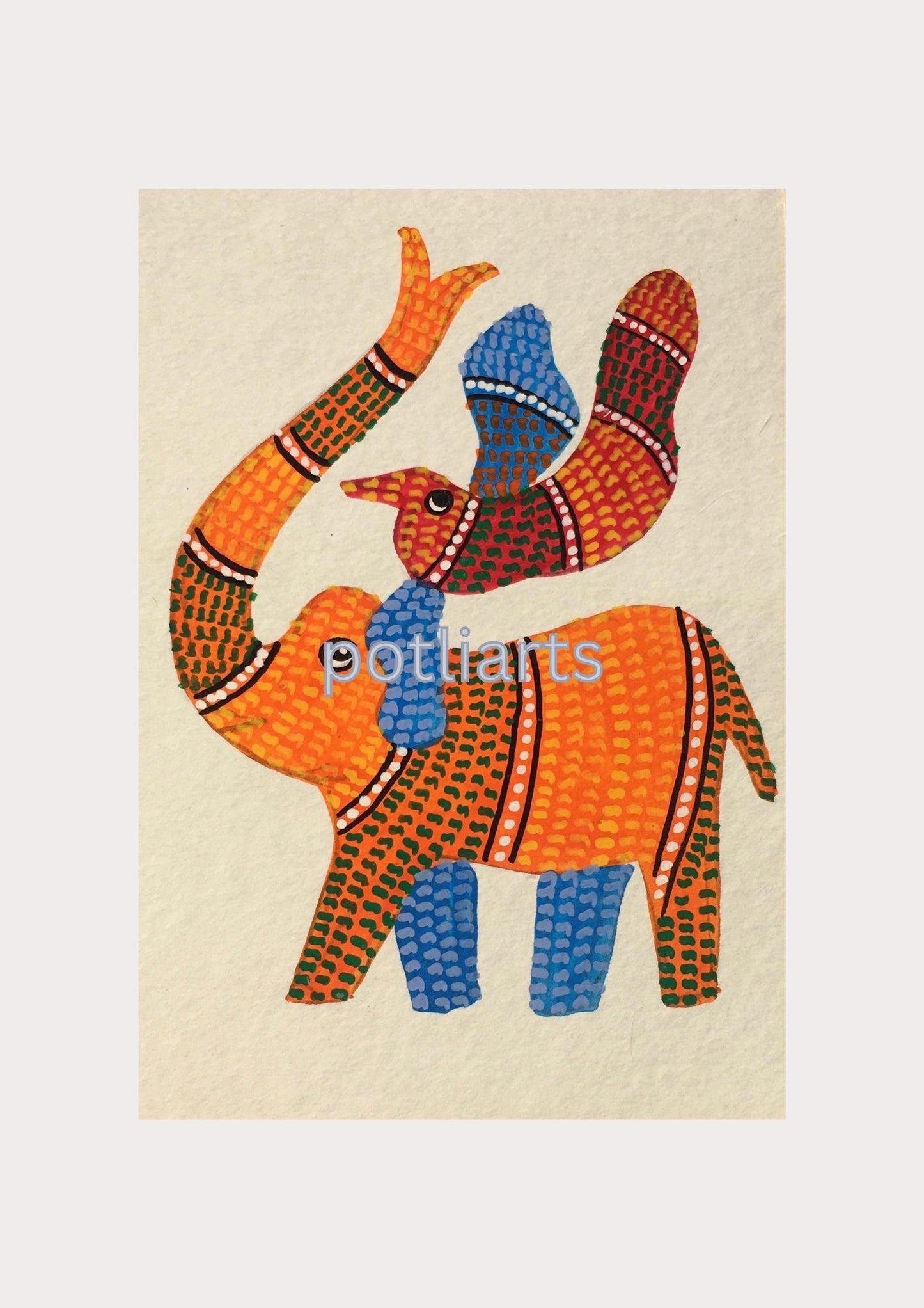 Gond Art, Elephant and Bird, 5"/7.2"
