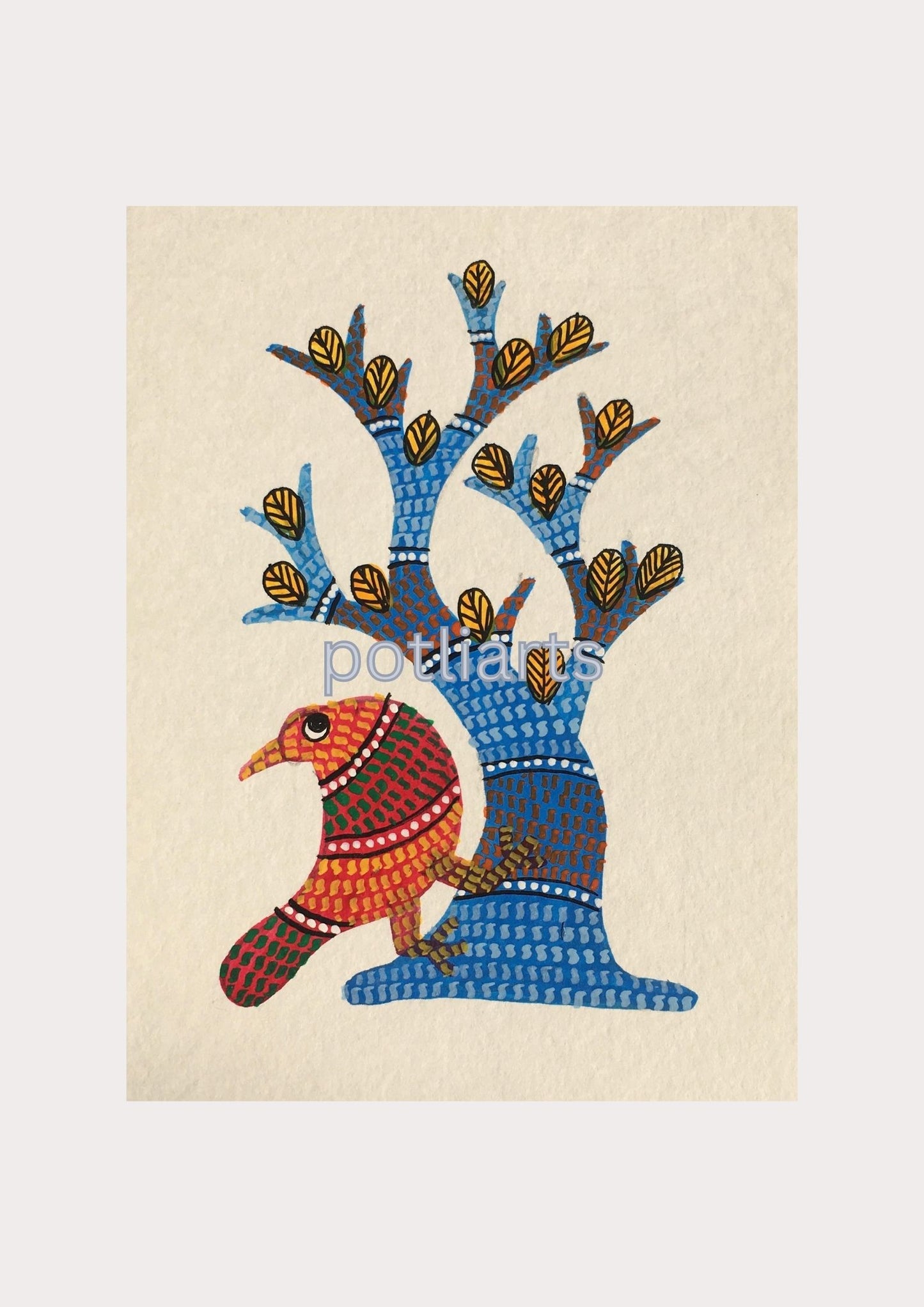 Gond Art, Peacock and Tree of Life, 5"/7.2"