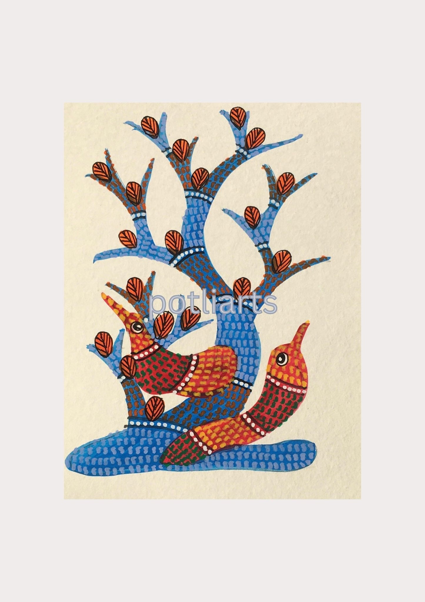 Gond Art, Tree of Life and Peacock Family, 5"/7.2"