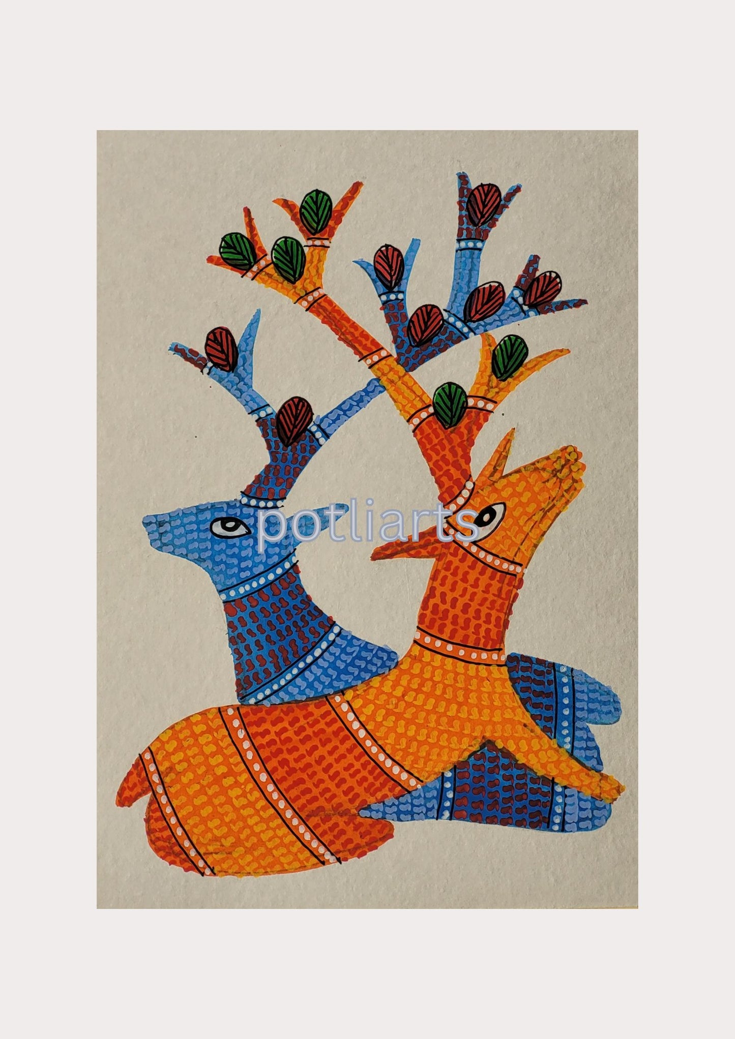 Gond Art, Deer and Tree of Life, 5"/7.2"