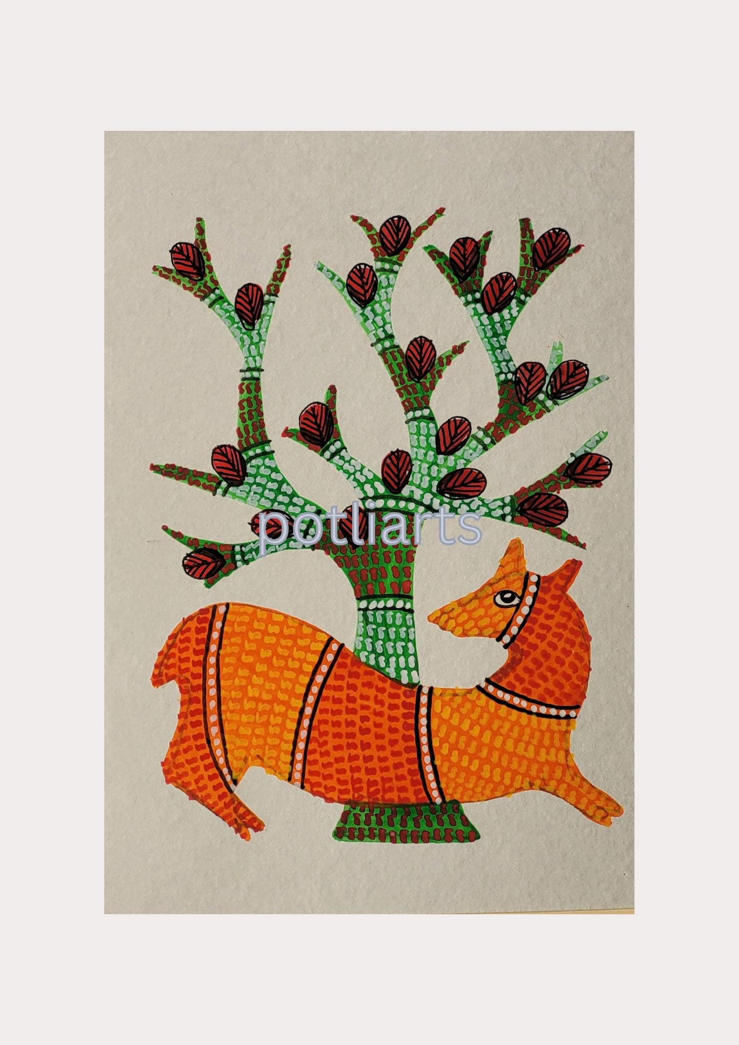 Gond Art, Deer and Tree of Life, 5"/7.2"