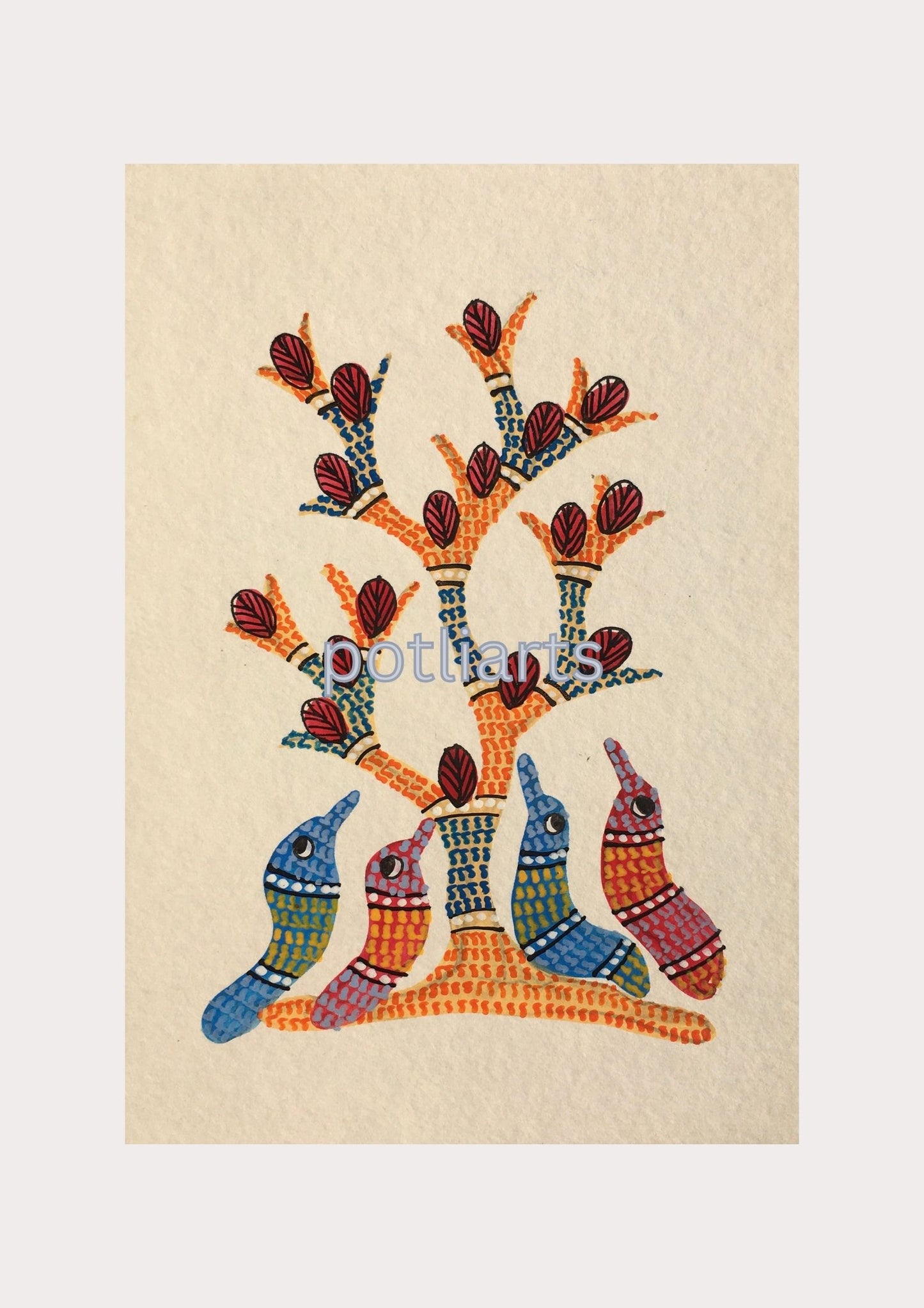 Gond Art, Tree of Life and Birds Family, 5"/7.2"