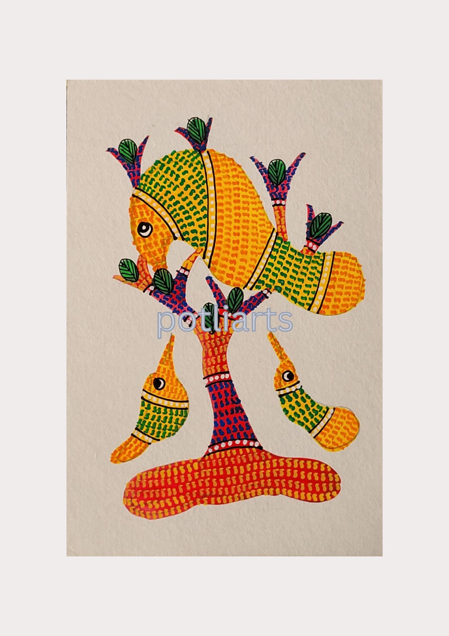 Gond Art, Peacock Family and Tree of Life, 5"/7.2"
