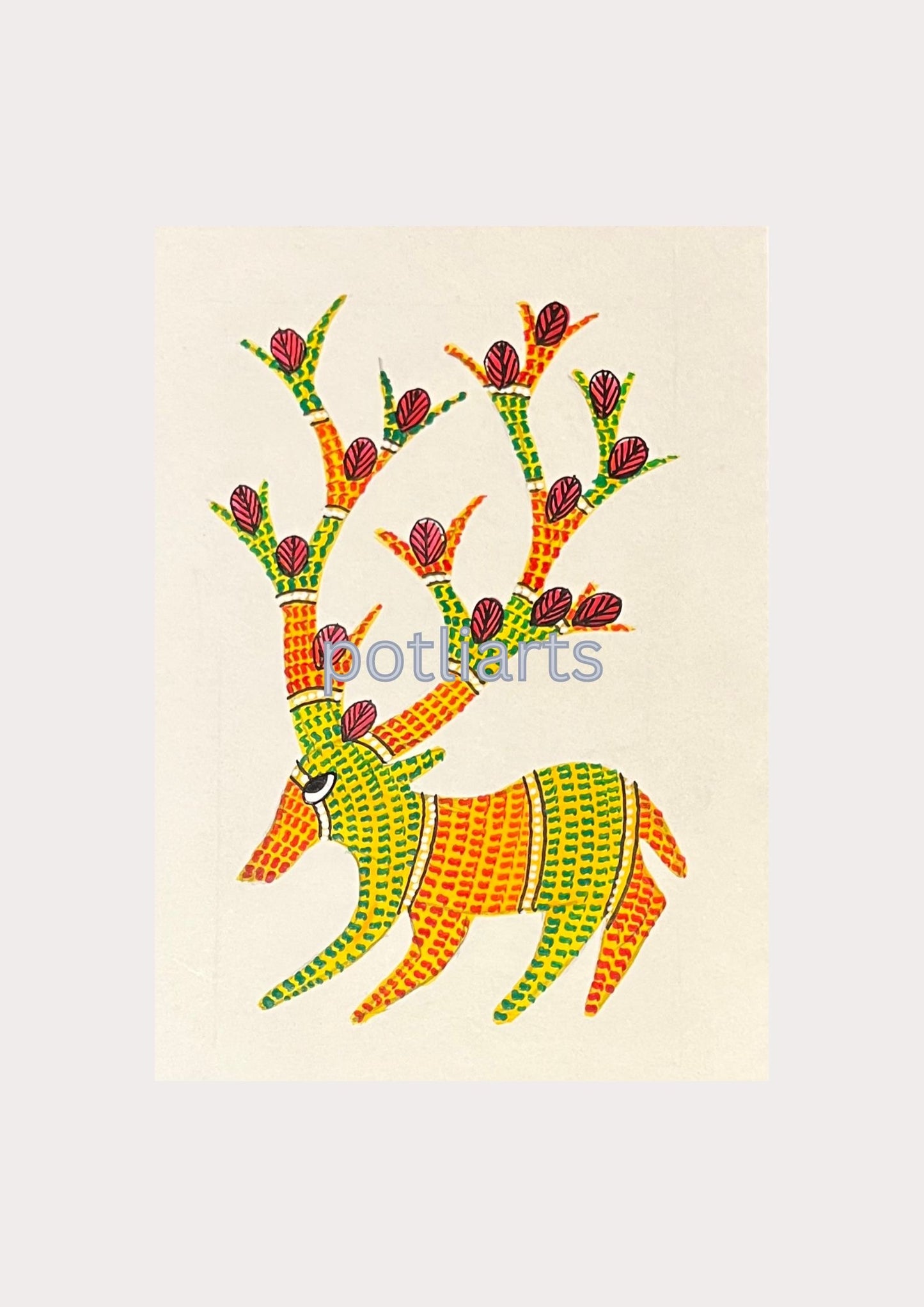 Gond Art, Deer and Tree of Life, 5"/7.2"