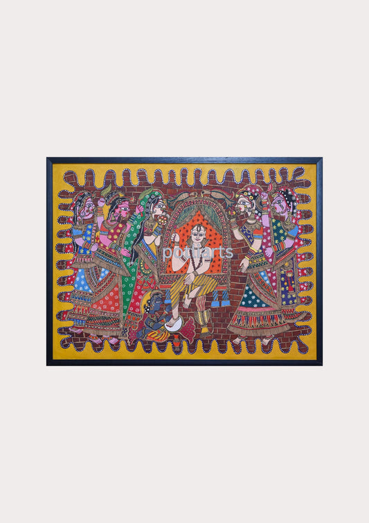Mithila Art, Madhubani Art - Krishna and Sudama, 31"/23.2"