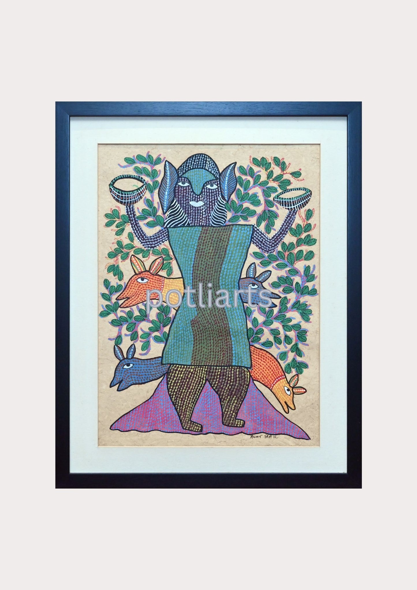 Gond Art, Tree of Life, Deer and Deity, 15.5"/19.5"