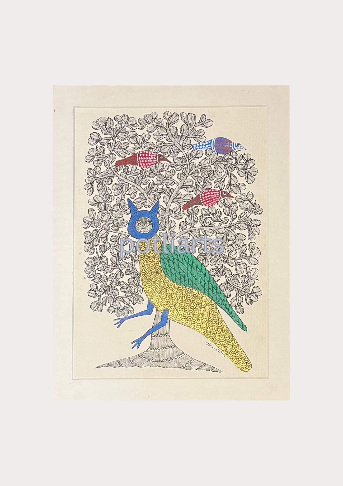 Gond Art, Owl and Tree of Life, 12.2"/16.2"