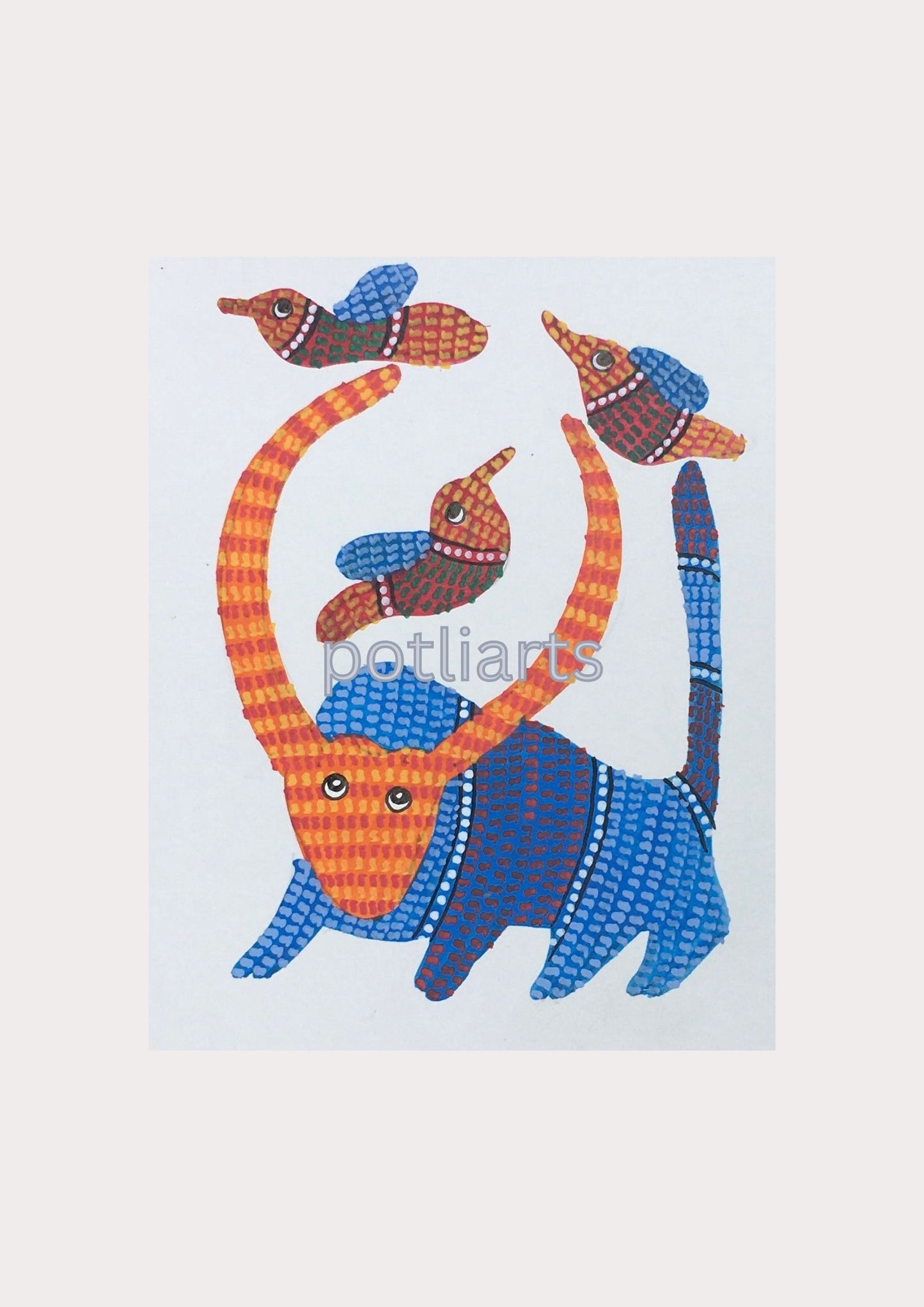 Gond Art, Buffalo and Birds, 5"/7.2"