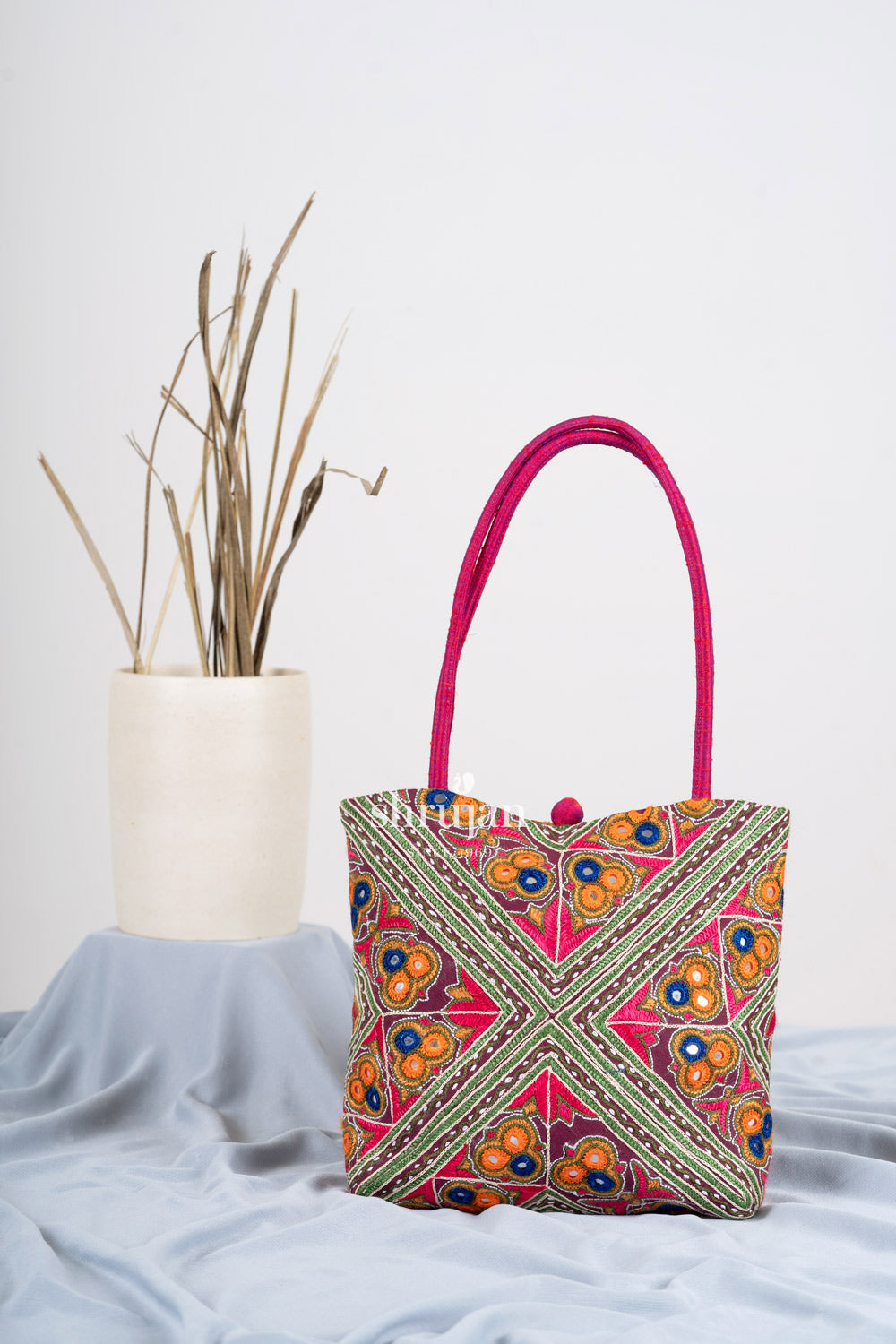 Silk Ahir Hand Embroidered Handbag