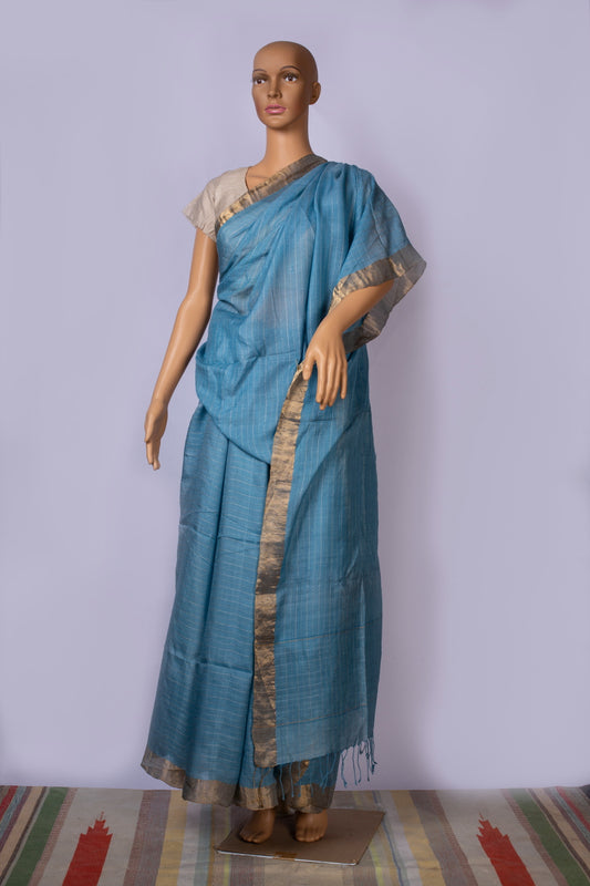 Silk Blue Sari with zari border