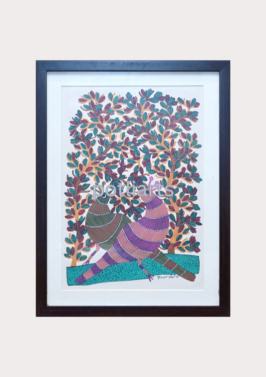 Gond Art, Tree of Life and Two Peacocks, 13"/17.5"