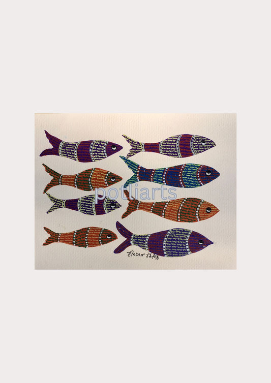 Gond Art, Eight Fish, 7"/9"