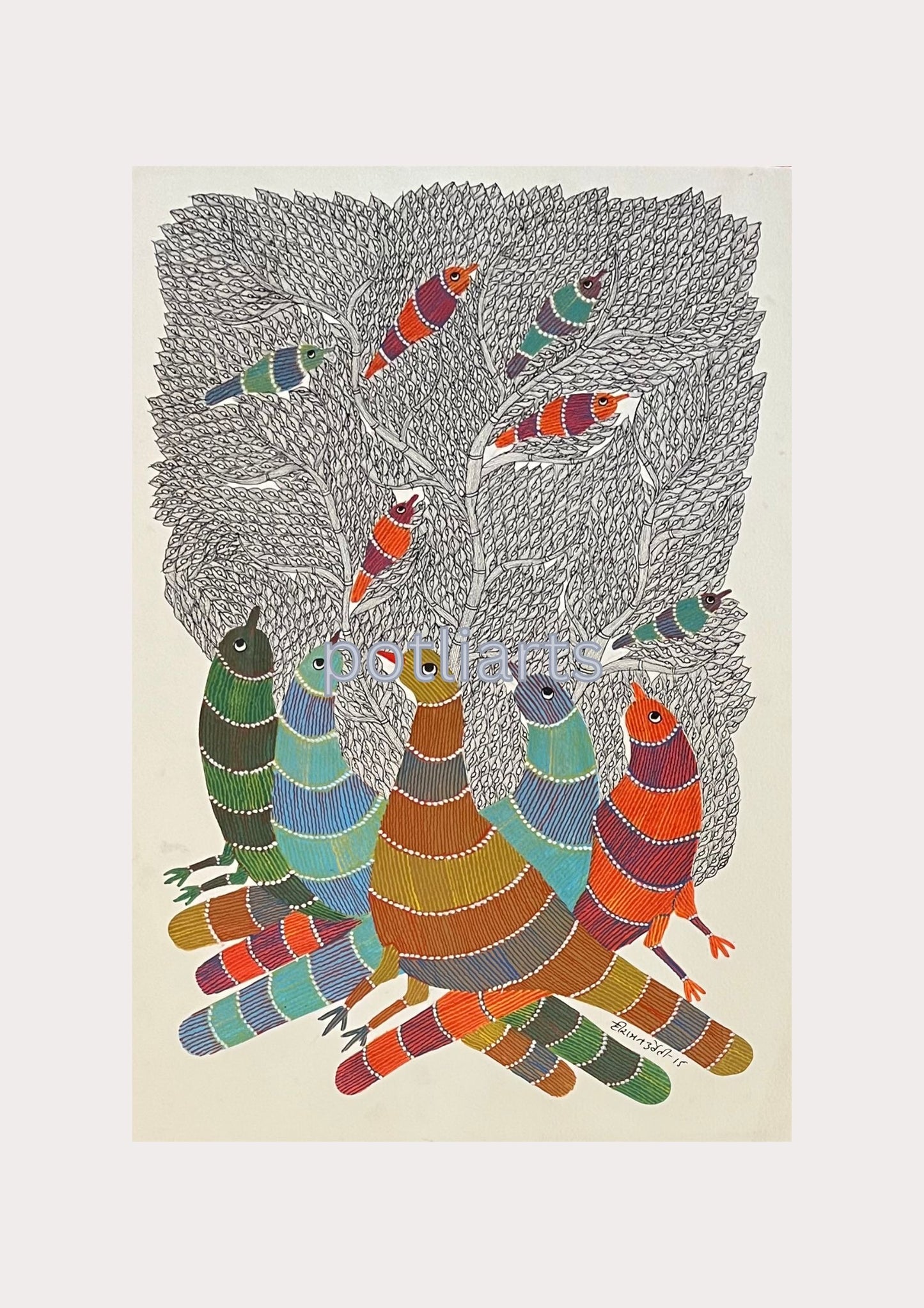 Gond Art, Tree of Life and Birds Family, 15"/22"